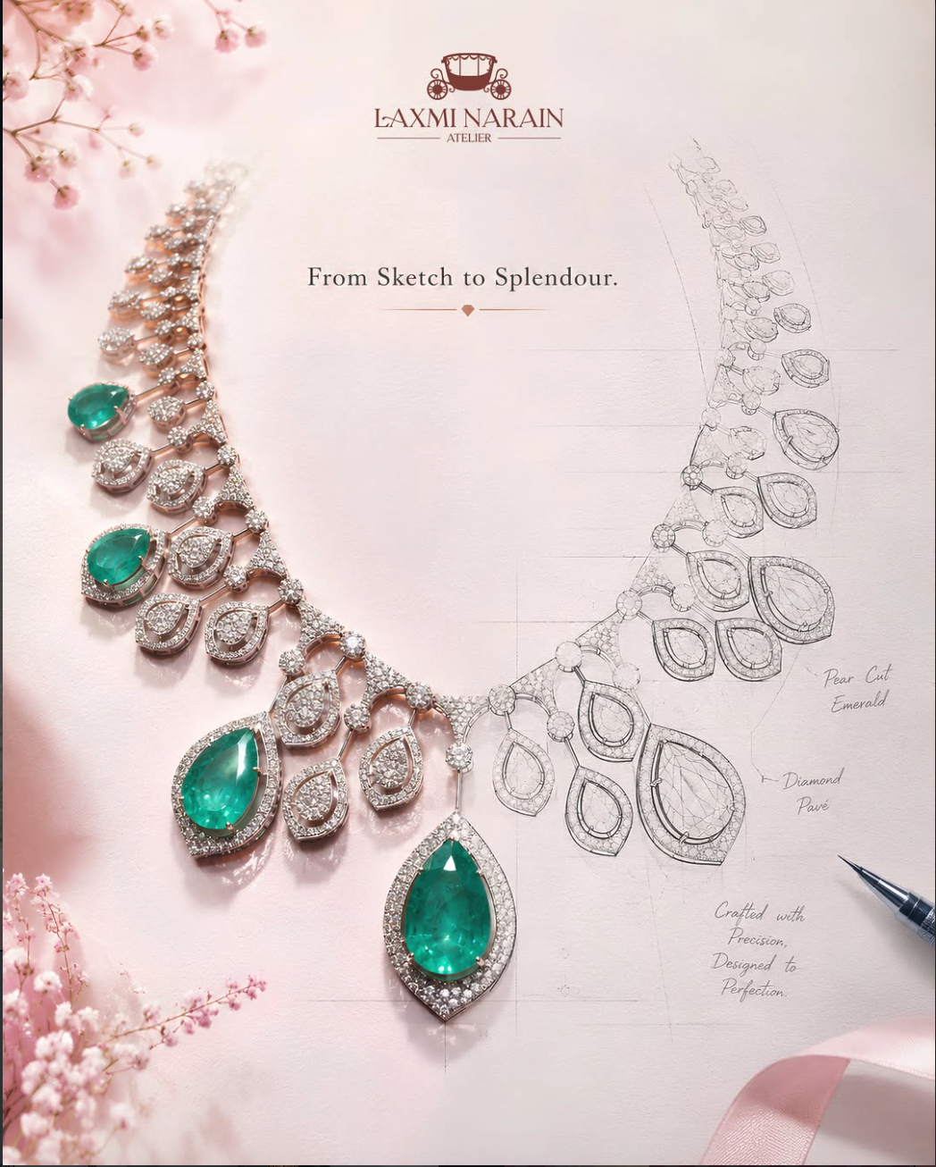 From sketch to splendour — emerald and diamond necklace