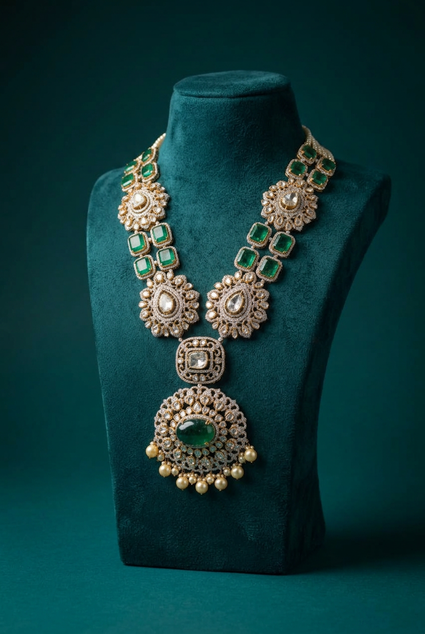 Polki bridal necklace on teal silk