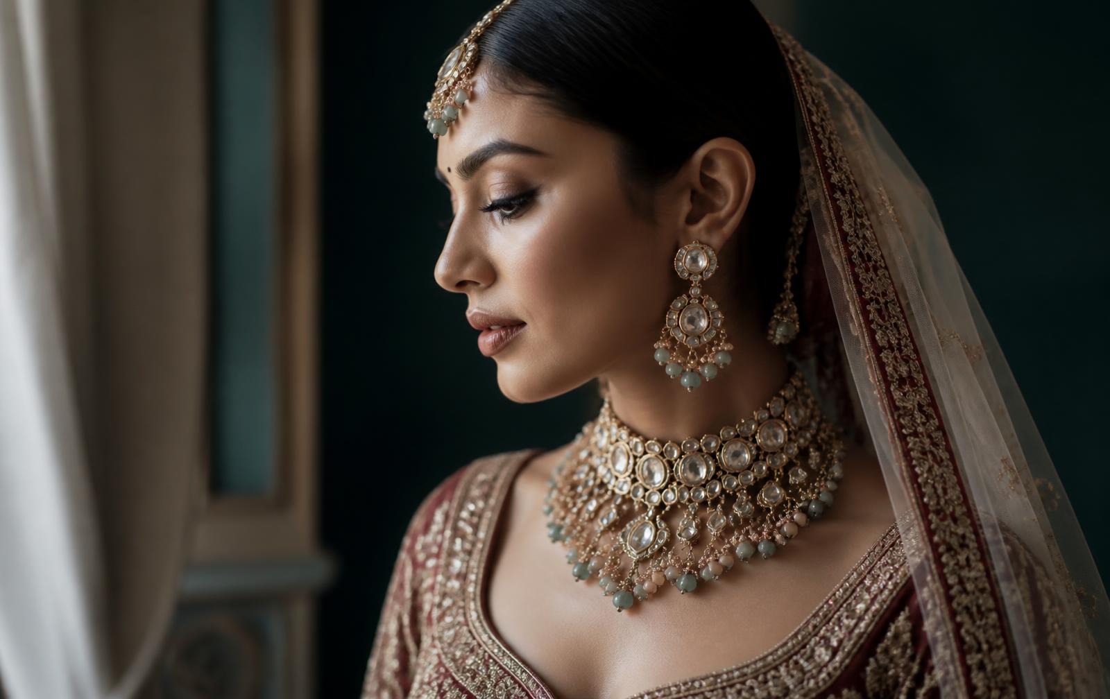 Bride wearing a polki necklace and earrings from Laxmi Narain Atelier